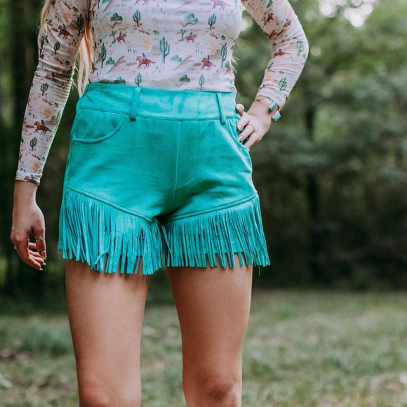 country Journey Boutique Pants - NWT Turquoise Dixie Rhinestone Embellished Fringe Shorts